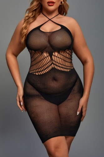 Sexy Living Solid Hollowed Out See-through Backless Spaghetti Strap Plus Size Sleepwear