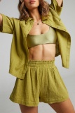 Casual Solid Buttons Shirt Collar Short Sleeve Two Pieces