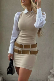 British Style Solid With Belt O Neck Wrapped Skirt Dresses