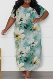Leaf Print Short Sleeve Plus Size Casual Loose Vacation Maxi Dress