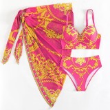 Black Tropical Print Sleeveless Cami Bikini Top and Maxi Skirts Vacation Beach Swimsuit Three Piece Set