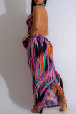 Sexy Print Hollowed Out Patchwork Backless Slit V Neck Long Dresses