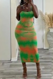 Tie Dye Print Sleeveless Backless Casual Vacation Bodycon Maxi Dresses