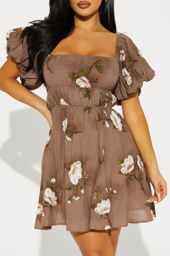 Sexy Vintage Print Flowers Fold Square Collar A Line Dresses