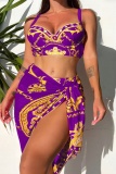 Purple Tropical Print Sleeveless Cami Bikini Top and Maxi Skirts Vacation Beach Swimsuit Three Piece Set