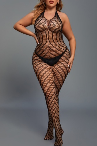 Sexy Living Solid Hollowed Out See-through Backless Halter Plus Size Sleepwear