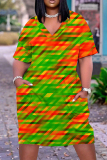Casual Print Patchwork Basic V Neck Short Sleeve Short Sleeve Dress