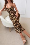 Sexy Print Leopard Backless Spaghetti Strap Long Dresses