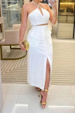 Sexy Solid Slit Halter Sleeveless Two Pieces