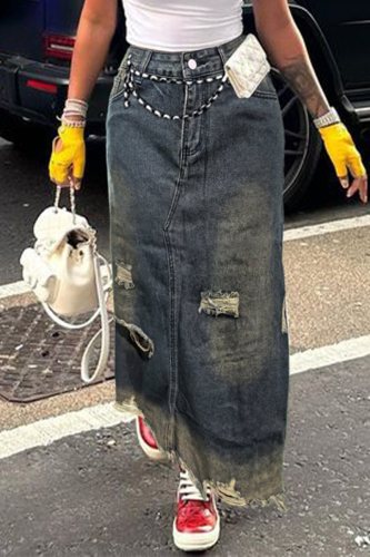 Casual Solid Ripped Patchwork High Waist Skinny Denim Skirts