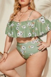 Sexy Print Frenulum Backless Off the Shoulder Plus Size Swimwear Three Piece Set (With Paddings)