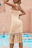 Knit Sleeveless Casual Vacation Tassel Bodycon Maxi Dress