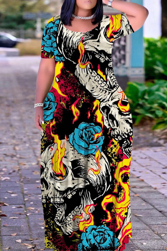 Casual Print Basic O Neck Long Plus Size Dresses