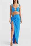 Sexy Solid Backless Slit U Neck Sleeveless Two Pieces