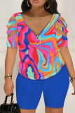 Casual Print Patchwork V Neck Plus Size Two Pieces