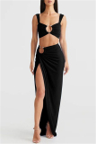 Sexy Solid Backless Slit U Neck Sleeveless Two Pieces