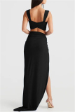 Sexy Solid Backless Slit U Neck Sleeveless Two Pieces