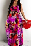 Tropical Print Sleeveless Backless Casual Loose Vacation Cami Maxi Dress