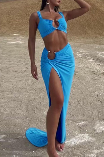 Sexy Solid Backless Slit U Neck Sleeveless Two Pieces