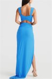 Sexy Solid Backless Slit U Neck Sleeveless Two Pieces