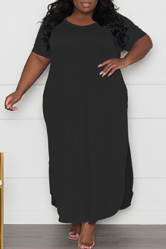 Casual Solid Slit O Neck Long Plus Size Dresses