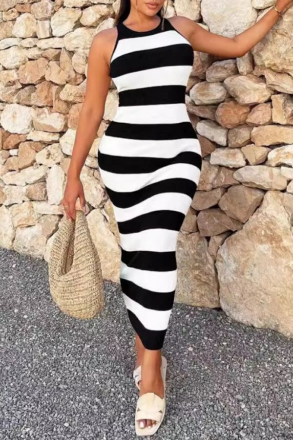 Casual Striped Patchwork Contrast O Neck Long Dresses