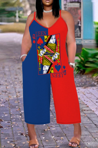 Casual Print Patchwork Backless Spaghetti Strap Plus Size Jumpsuits
