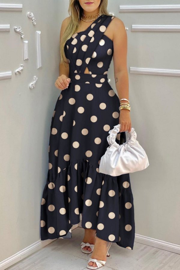Casual Dot Print Hollowed Out Patchwork Backless Oblique Collar Long Dresses
