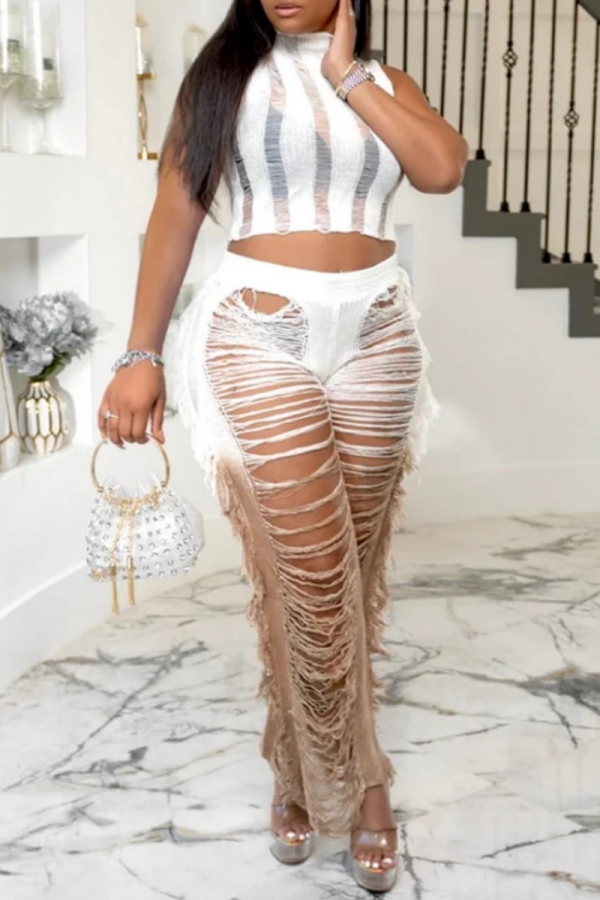 Crochet Sleeveless High Neck Tassel Ripped Crop Top and Pant Set Vacation Daily Matching Set