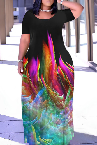 Casual Print Basic O Neck Long Plus Size Dresses