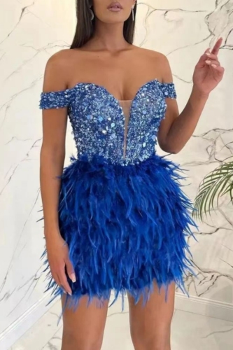 Sexy Patchwork Sequins Feathers Backless Off the Shoulder Wrapped Skirt Dresses