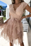 Sweet Solid Lace Asymmetrical Mesh V Neck Princess Dresses