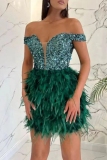 Sexy Patchwork Sequins Feathers Backless Off the Shoulder Wrapped Skirt Dresses