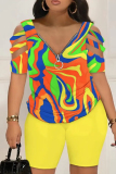Casual Print Patchwork V Neck Plus Size Two Pieces