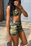 Street Camouflage Print Patchwork V Neck Sleeveless Two Pieces