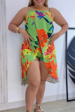 Leaf Print Sleeveless Spaghetti Straps Irregular Long Top Slim Fit Shorts Vacation Matching Set
