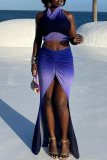 Sexy Gradient Print Backless Slit Fold Halter Sleeveless Two Pieces