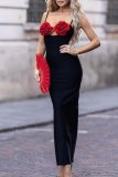 Sexy Patchwork Hollowed Out Backless Contrast Spaghetti Strap Long Dresses