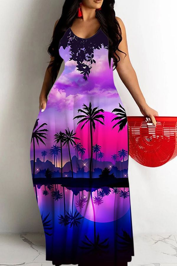 Tropical Print Sleeveless Backless Casual Loose Vacation Cami Maxi Dress