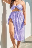 Sexy Print Frenulum Backless Spaghetti Strap Plus Size Swimsuit Three Piece Set (With Paddings)