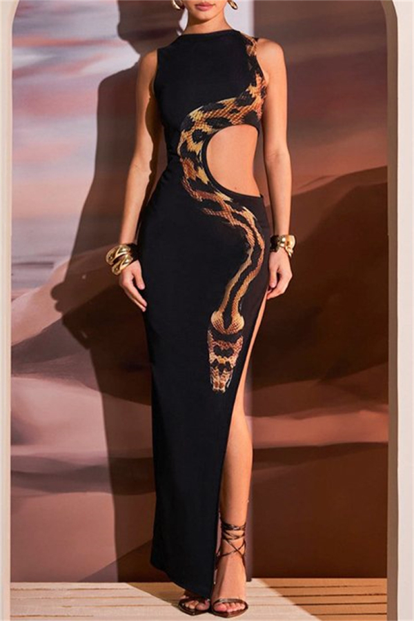 Sexy Print Hollowed Out Slit O Neck Long Dresses