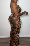 Leopard Print Sleeveless Halter Crossover Hollow Out Daily Vacation Bodycon Cami Maxi Dress