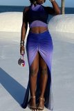 Sexy Gradient Print Backless Slit Fold Halter Sleeveless Two Pieces