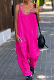 Rose Red Casual Simplicity Solid Pocket U Neck Loose Jumpsuits