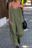 Army Green Casual Simplicity Solid Pocket U Neck Loose Jumpsuits