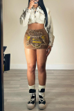 Street Embroidery Patchwork Patch Zipper Mid Waist Skinny Denim Skirts