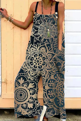 Fashion Print Patchwork Square Collar Loose Jumpsuits