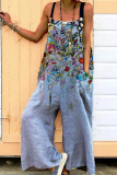Fashion Print Patchwork Square Collar Loose Jumpsuits