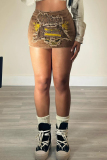 Street Embroidery Patchwork Patch Zipper Mid Waist Skinny Denim Skirts