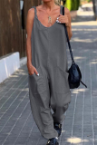 Rose Red Casual Simplicity Solid Pocket U Neck Loose Jumpsuits